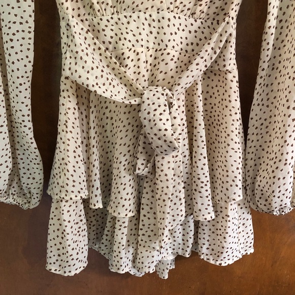 White Fox Brown Polka Dot Romper Playsuit Jumpsuit Tiered Puff Sleeve Boho NWT - Picture 9 of 15
